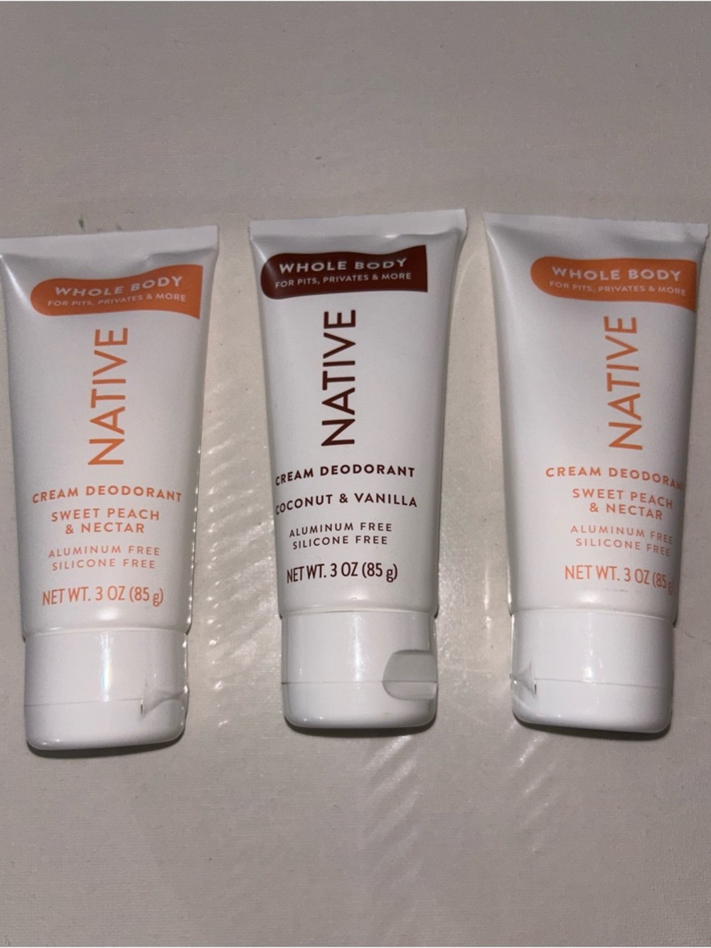 3x Native Cream Deodorant Trio -Sweet Peach & Nectar and Coconut & Vanilla